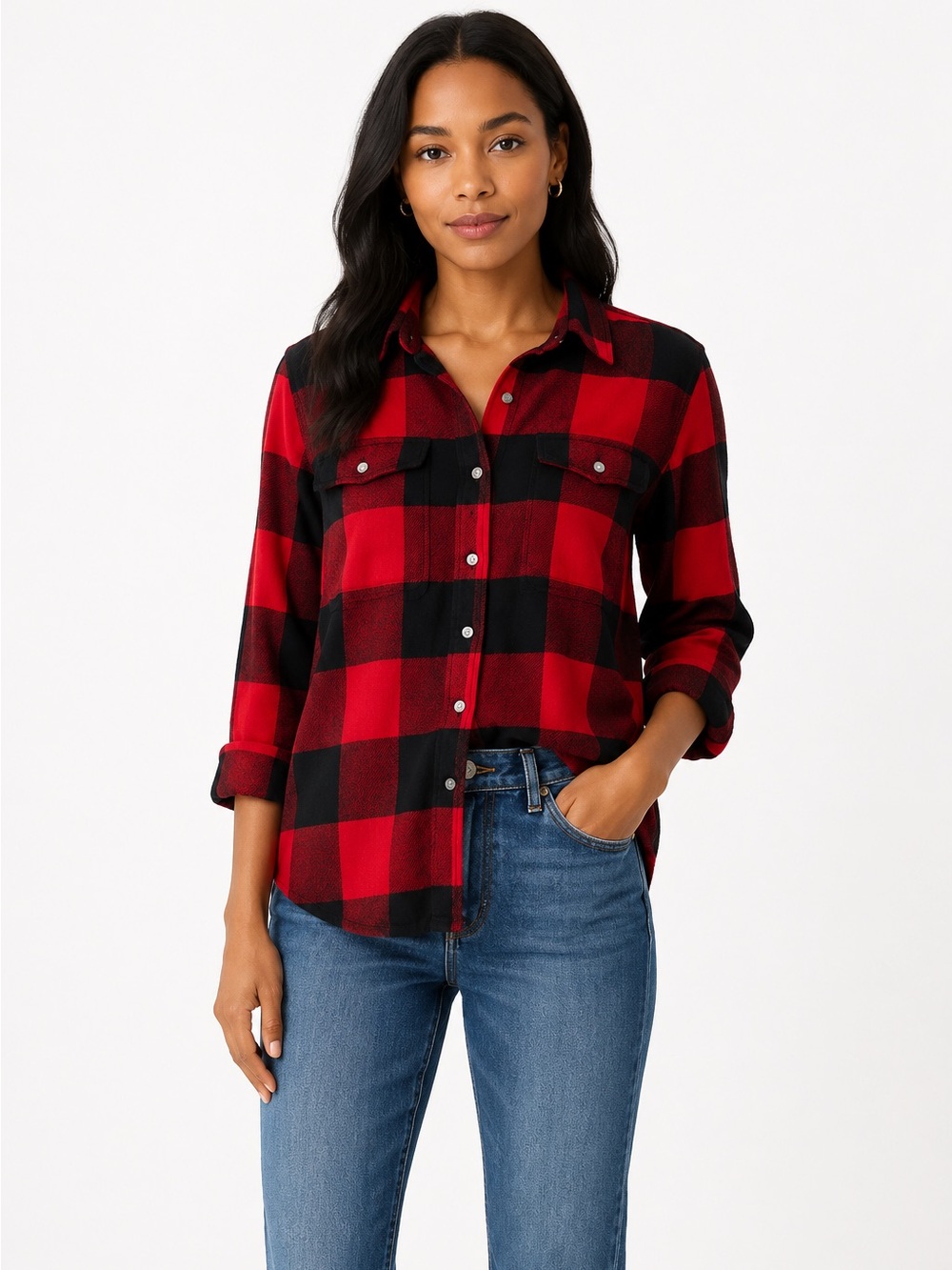 Old Navy Flannel Boyfriend Shirt Button-Up Women’s M Buffalo Plaid Relaxed Fit